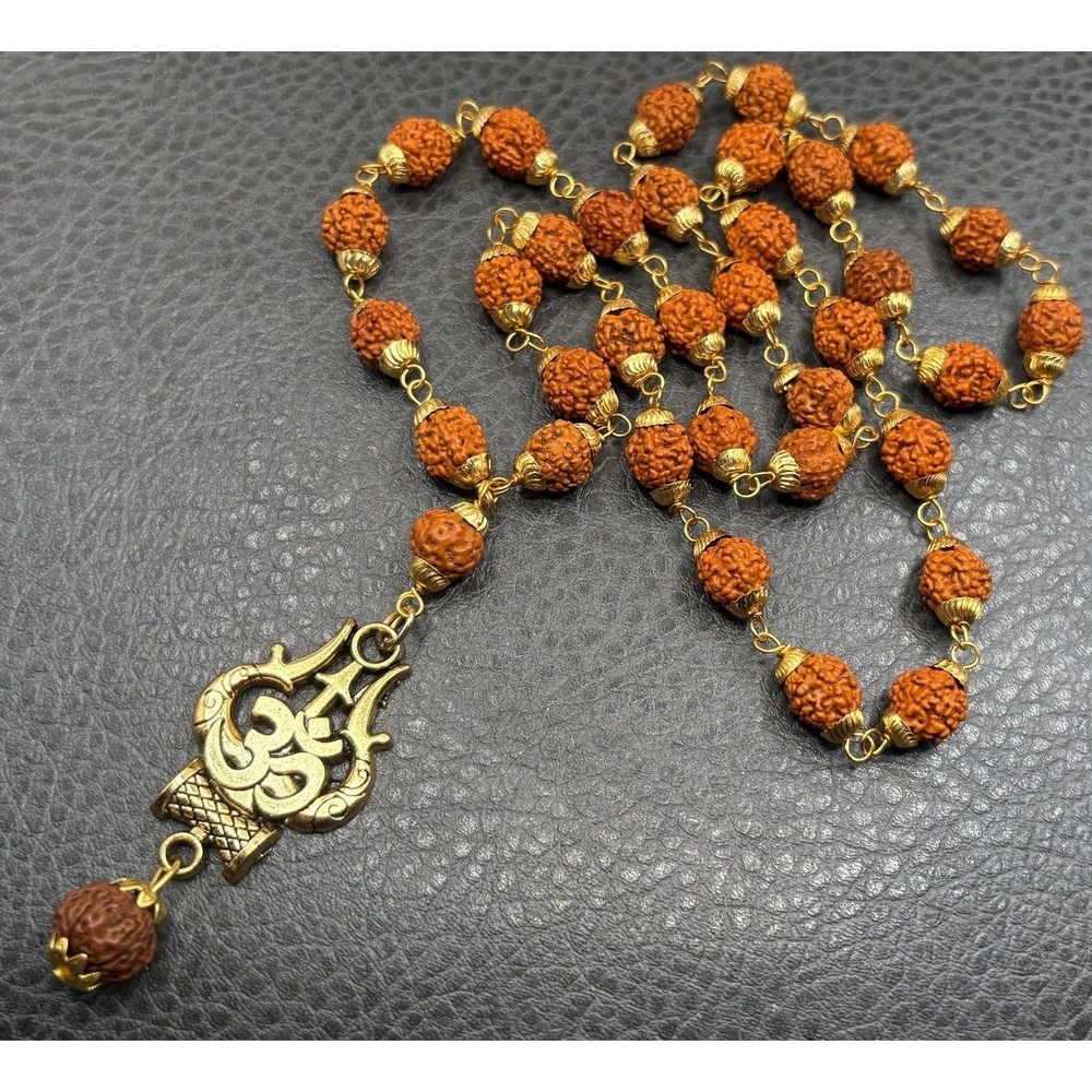 Rudraksha Seed Bead Mala Necklace Om Pendant Prayer Shiva Boho Gold Tone